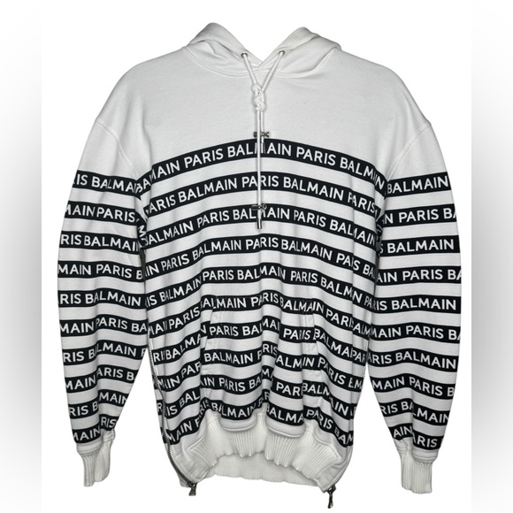 BALMAIN Black & White Logo Hoodie with side zippers 100% Authentic Size 36